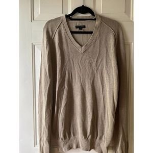 Banana Republic Sweater Mens Large Beige Linen V-Neck Ribbed Trim Knit Pullover